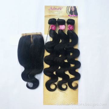 Hot Sale 1 pack 3pcs hair extension and a closure Body Weave 12"-22 Inch Remy Brazilian Human Adorable Hair Extensions